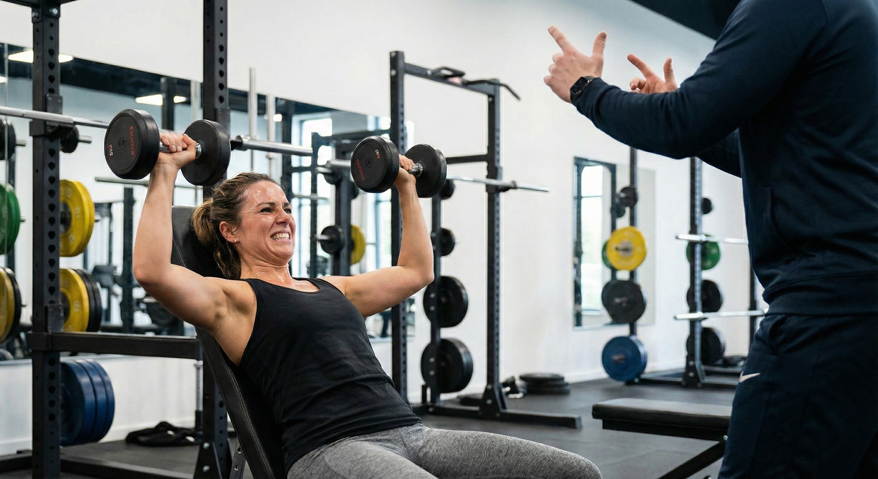 Personal trainer assisting client